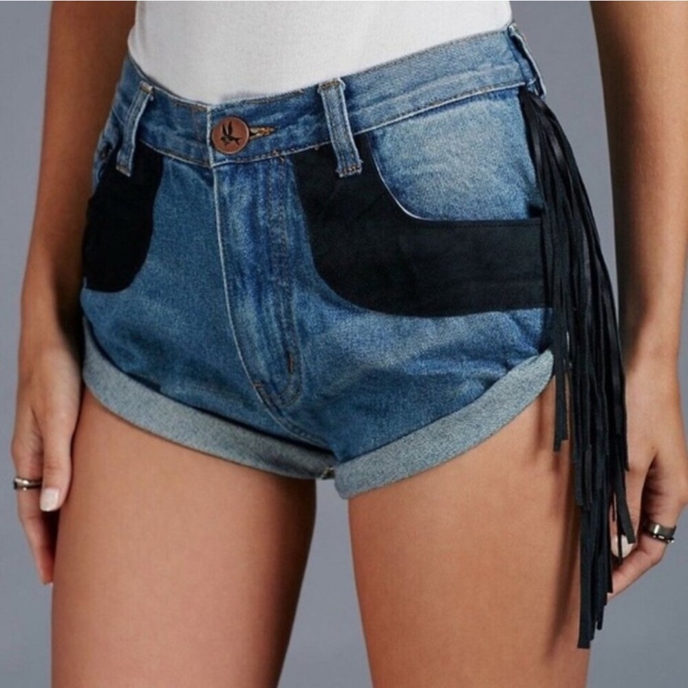 One Teaspoon Vintage Shorts with Black Leather Fringe